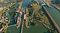 Aerial view of ships cruising through the Miraflores Locks. Panama Canal