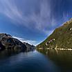 Between two mountains in the ocean in Doubtful Sound New Zealand