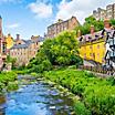 A river running through scenic Dean Village in Edinburgh, Scotland