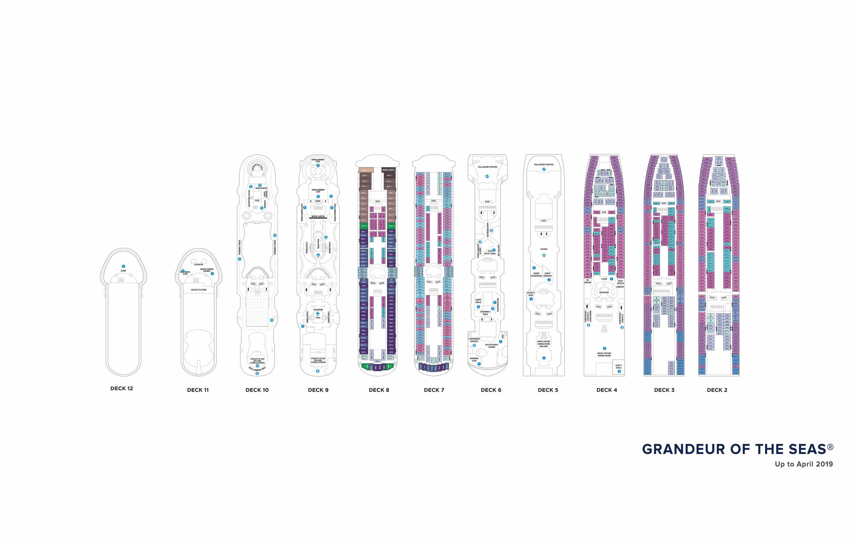 The deck plans for Grandeur of the Seas, Royal Caribbean Cruises