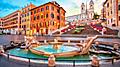 the golden fountain of the Piazza de Spagna at sunrise. Europe.