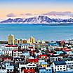 Aerial view of Reykjavik, Iceland with mountains in the background