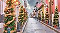 San Juan, Puerto RIco Christmas tree lined road in the old town