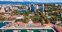 Sochi port or marine passenger terminal aerial panoramic view in Sochi. 